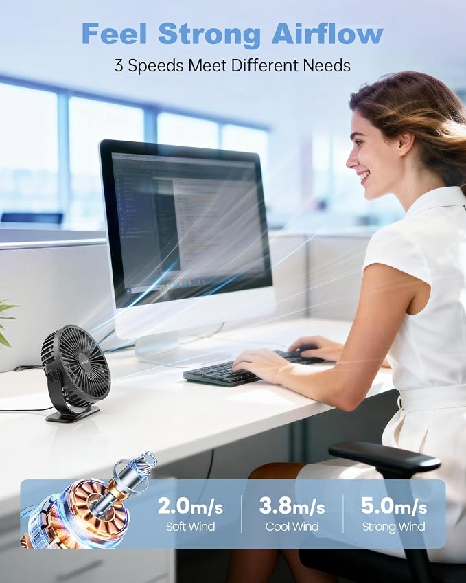 TriPole Desk Fan USB Powered Small Portable Fan, 3 Speeds Adjustable Strong - Image 2