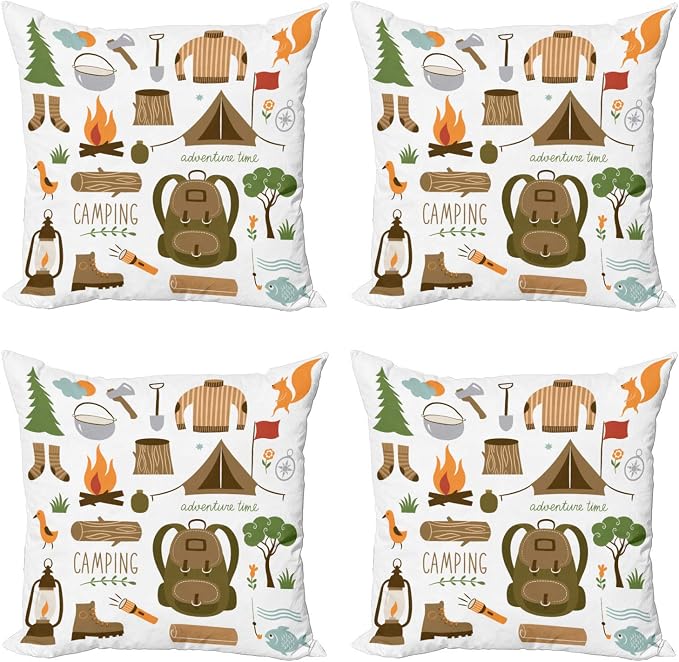 Ambesonne Adventure Throw Pillow Cushion Case Pack of 4, Camping Equipment by Ambesonne