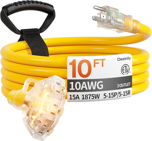 10 ft 10 Gauge Heavy Duty 3 Outlet Extension Cord Splitter by Deeklify