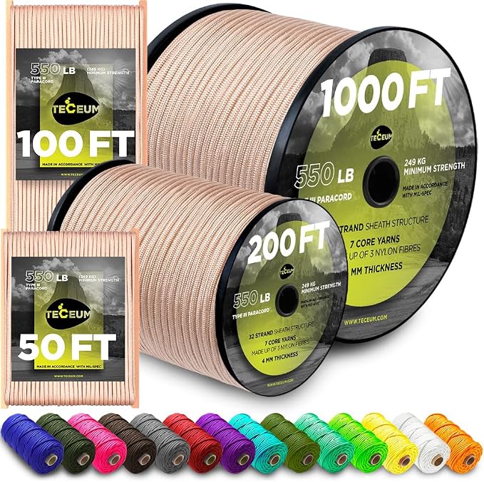TECEUM 5/32" Paracord Rope 1000 – 1000ft / 200ft / 100ft / 50ft – Tactical by TECEUM