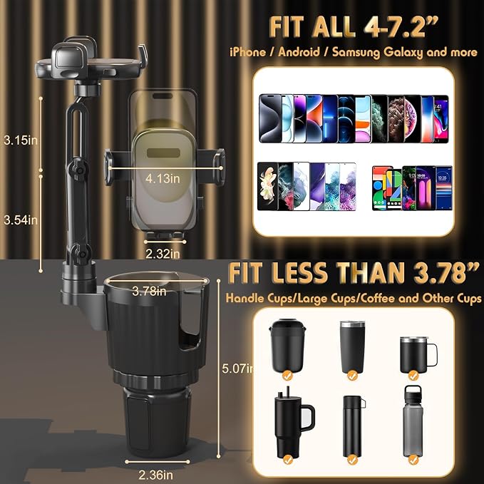 Phone Holders for Your Car, 2 in 1 Universal Cup Holder Expander Adjustable Base - Image 4