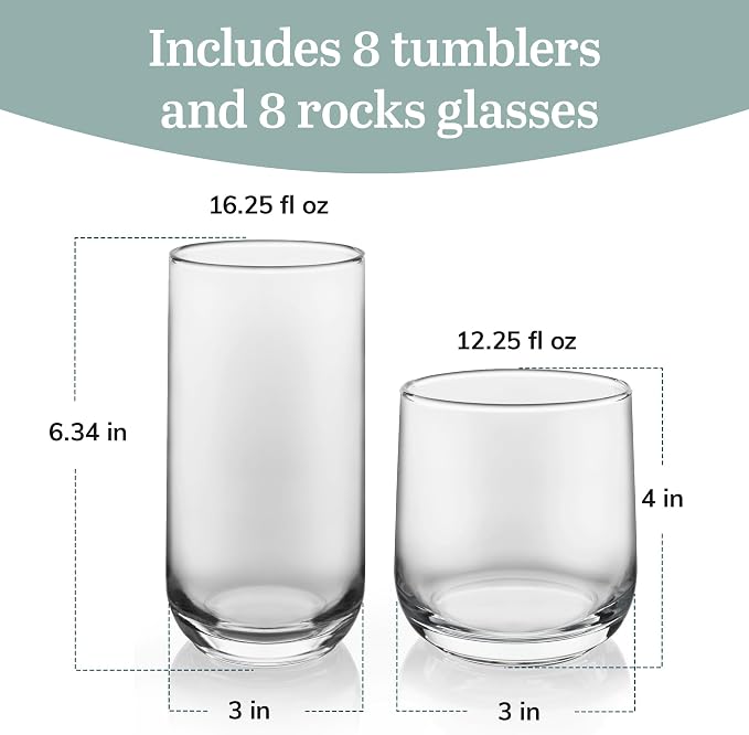 Libbey Ascent Tumbler and Rocks Drinking Glasses Set of 16, Glass Drinking - Image 3
