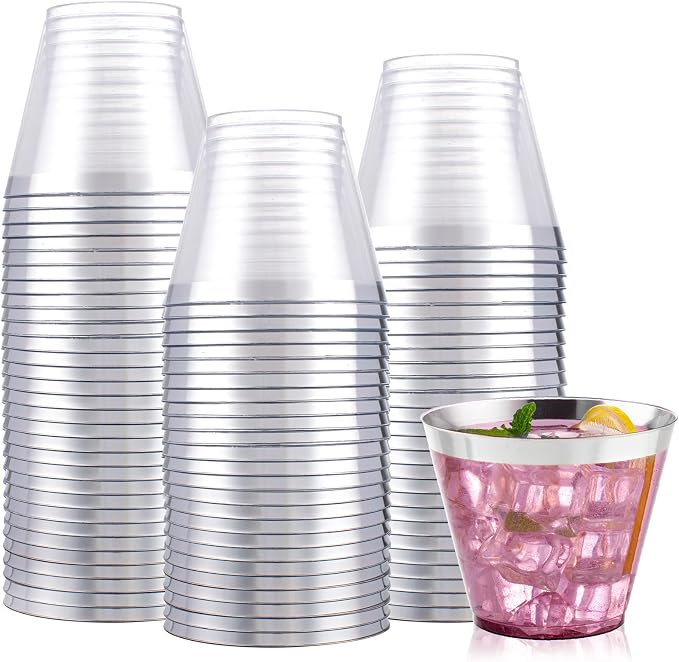 I00000 100PCS Silver Plastic Cups, 9 oz Clear Plastic Cups by I00000