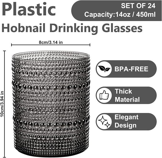 YOUBET 24PCS Plastic Drinking Glasses - 14OZ Black Hobnail Drinkware Glasses - - Image 2
