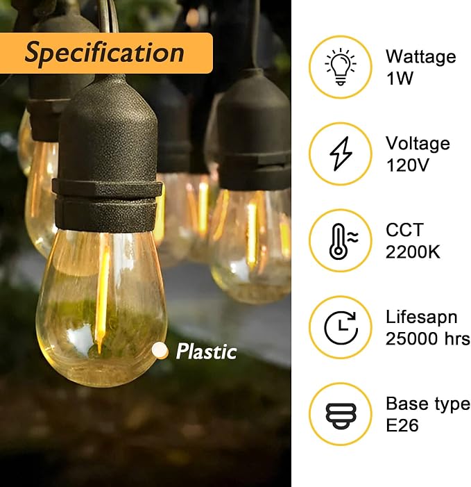 Jslinter 48-Pack LED 1W String Light Bulbs, S14 Plastic Shatterproof Edison - Image 2