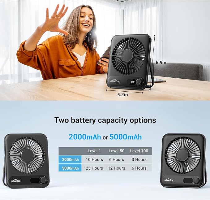 WHATOOK Small Desk Fan Personal Fans: 5000mah 25 Hours Battery Office Quiet - Image 6