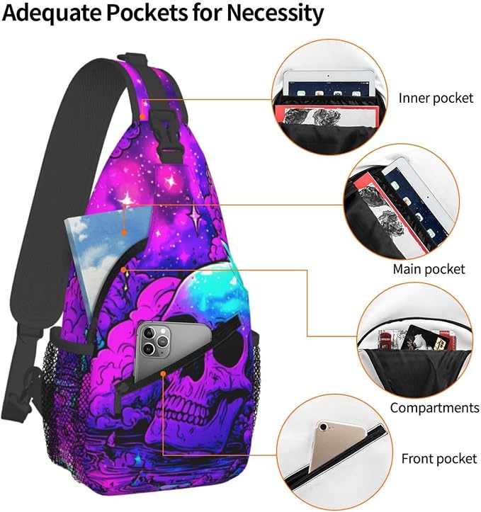 Trippy Skull Sling Bag Crossbody Travel Hiking Chest Backpack Shoulder Daypack - Image 4