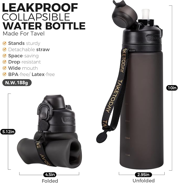 TakeToday Collapsible Water Bottles 21oz, Foldable Platinum Silicone Travel - Image 2