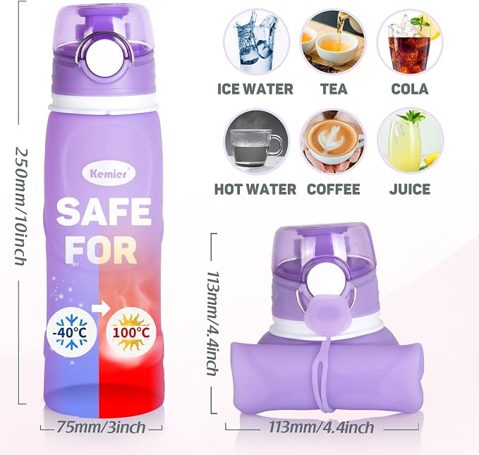 Kemier Collapsible Silicone Water Bottles-750ML, Medical Grade, BPA Free Travel - Image 6