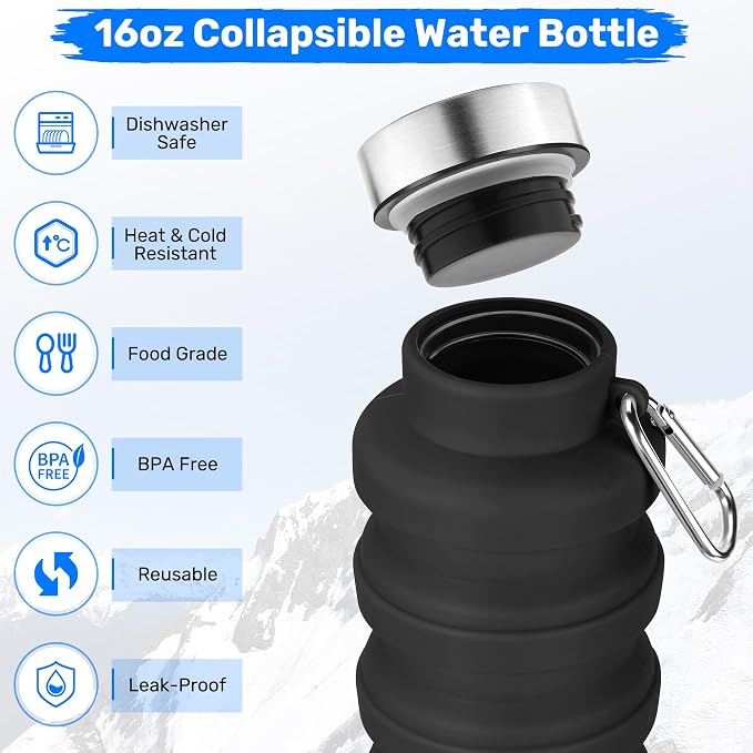 Collapsible Water Bottle, 16oz Portable Reusable Silicone Water Bottle - Image 3