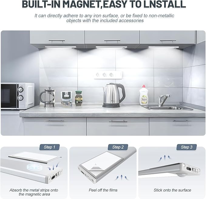 6 Pack Under Cabinet Lighting Wireless, 58 LED Rechargeable Battery Motion - Image 3
