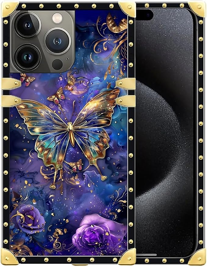 Compatible with iPhone 16 Pro Case, Glistening Golden Butterfly Vibrant Purple by Unknown