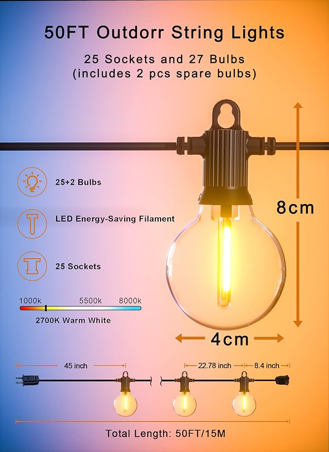Zuske Outdoor String Lights, 50FT Patio Lights Outdoor Waterproof - Image 5
