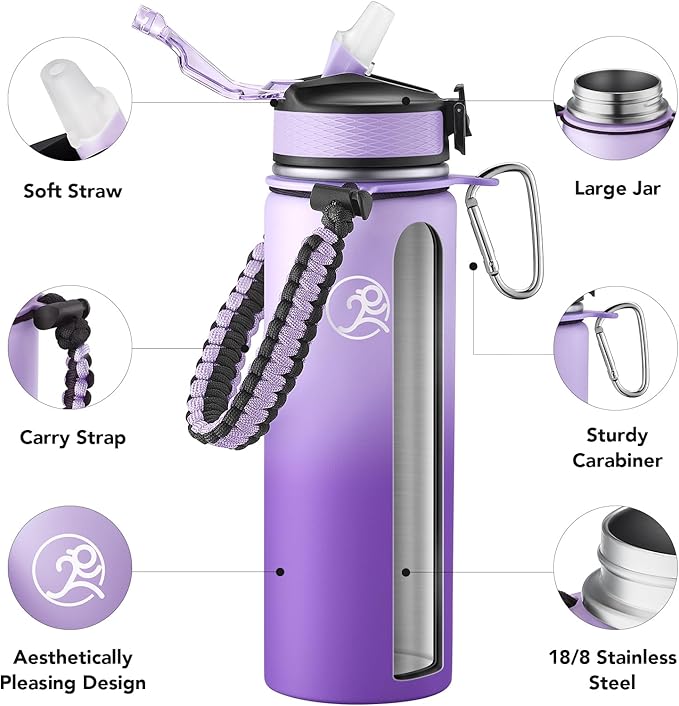 GOSWAG Insulated Sports Water Bottle, 24oz 2 Lids, Stainless Steel Water Bottles - Image 3