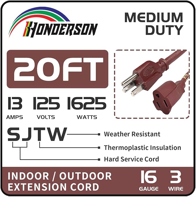 20FT Brown Outdoor Extension Cord-16/3 SJTW Durable Extension Cord - Image 2
