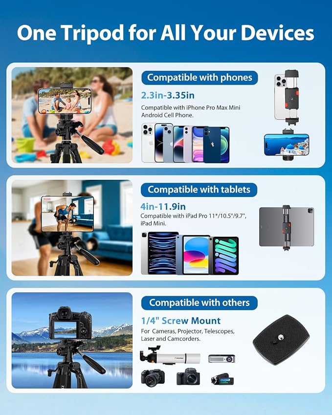 75" Camera Tripod, Aluminum Heavy Duty Camera Stand - Image 5