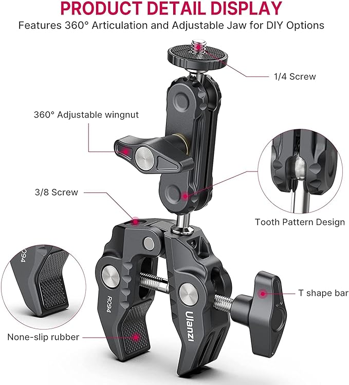 ULANZI Super Clamp Camera Clamp Mount Monitor 360° Ballhead Magic Arm Double - Image 4