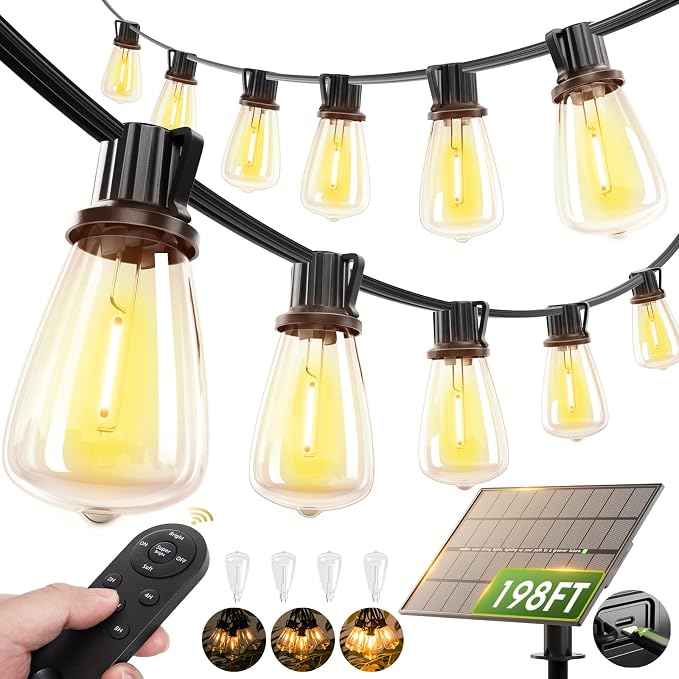 addlon 198FT Solar String Lights Outdoor Waterproof, 60+4 LED Bulbs, by addlon