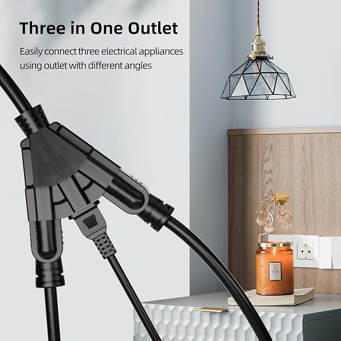15 FT 3 Outlet Outdoor Extension Cord Waterproof, 16/3 SJTW Black Extension Cord - Image 3