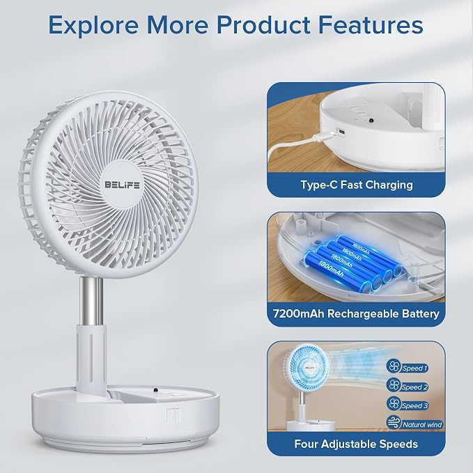 Belife X8 Portable Fan, Cordless 7200mAh Battery Operated Oscillating Fan - Image 5