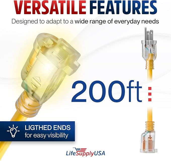 200ft Outdoor/Indoor Extension Cord 12/3 Gauge Extra Heavy Duty 3 Prong SJTW - Image 6