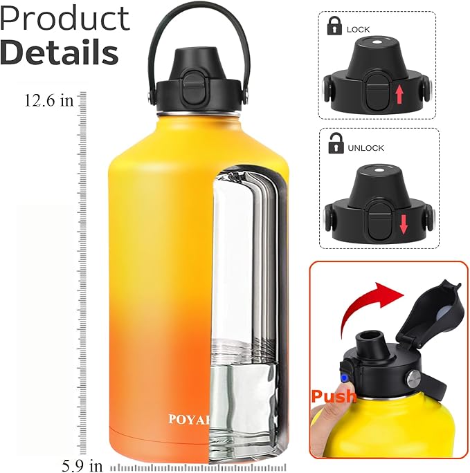 Water Bottle Insulated 32oz 40oz 64oz 128oz Straw Lid Spout Lid & 3 Lids - Image 2