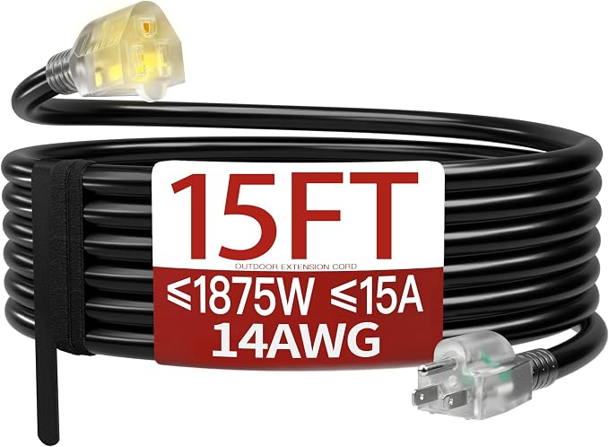 15 FT 14/3 Extension Cord Outdoor, Heavy Duty Weatherproof & Flame Retardant by Skrizcable