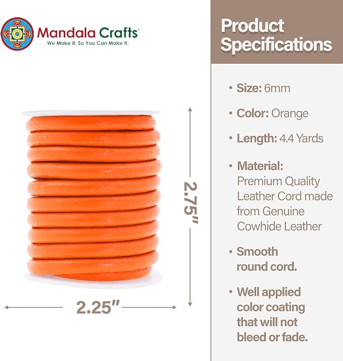 Mandala Crafts Round Genuine Orange Leather Cord - Image 4