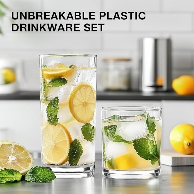 Plastic Drinking Glasses Set of 8, 14oz Rocks & 20oz Water Cups, Unbreakable - Image 5