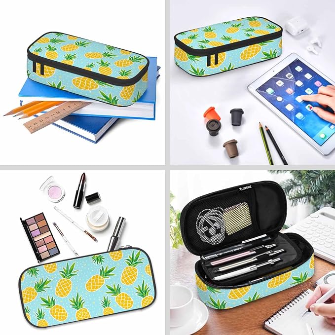 Pineapple Pencil Bag Tropical Fruit Exotic White Polka Dots Yellow Blue Big - Image 6