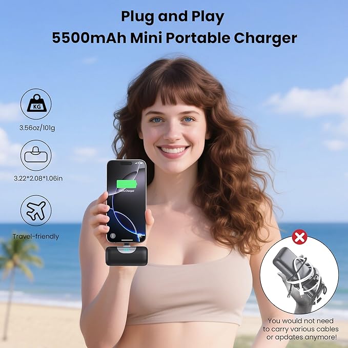 Mini Portable Charger for iPhone 17/16, 5500mAh LCD Display USB C Power Bank - Image 3