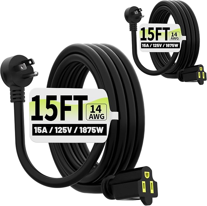 Vockjour 15 FT 2 Pack Black Low Profile Flat Plug 14 Gauge Heavy Duty Extension by Vockjour