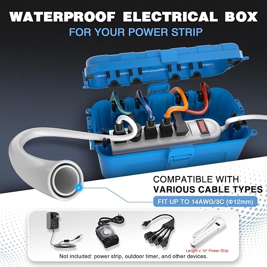 Flemoon Medium Outdoor Electrical Box, IP54 Waterproof Extension Cord Cover w/6 - Image 2