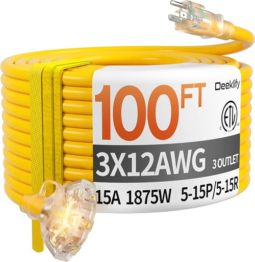 100ft 12 Gauge Heavy Duty 3 Outlet Extension Cord Splitter by Deeklify
