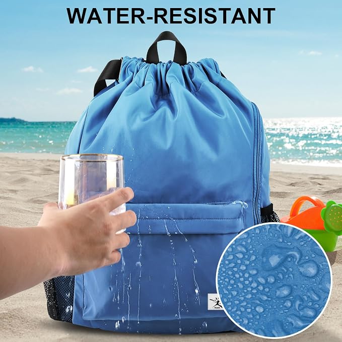 Drawstring Backpack with Mesh Pockets String Gym Bag Sackpack Sandproof Water - Image 3