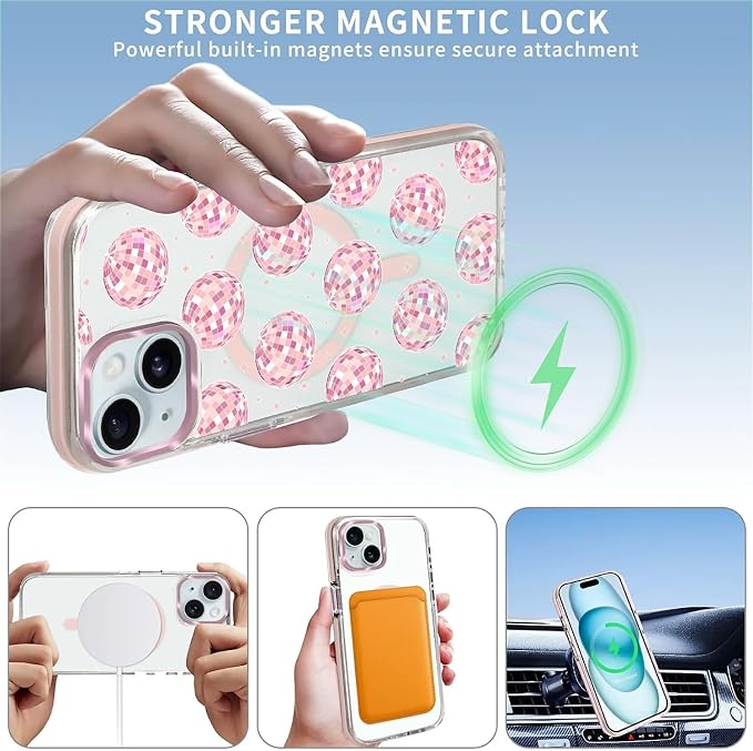 Case for iPhone 14 Plus/15 Plus, Disco Balls Pink Phone Case Design，for Women - Image 3