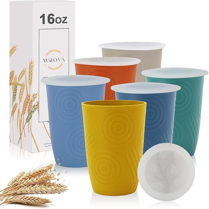 Wrova Wheat Straw Cups with Silicone Covers 16oz Set of 6 by WROVA