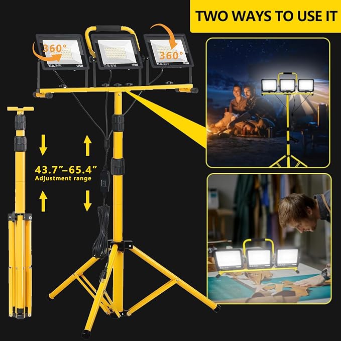 32000LM LED Work Light with Tripod, 3x100W 3-Head Floodlight, Plug-in 120V - Image 5