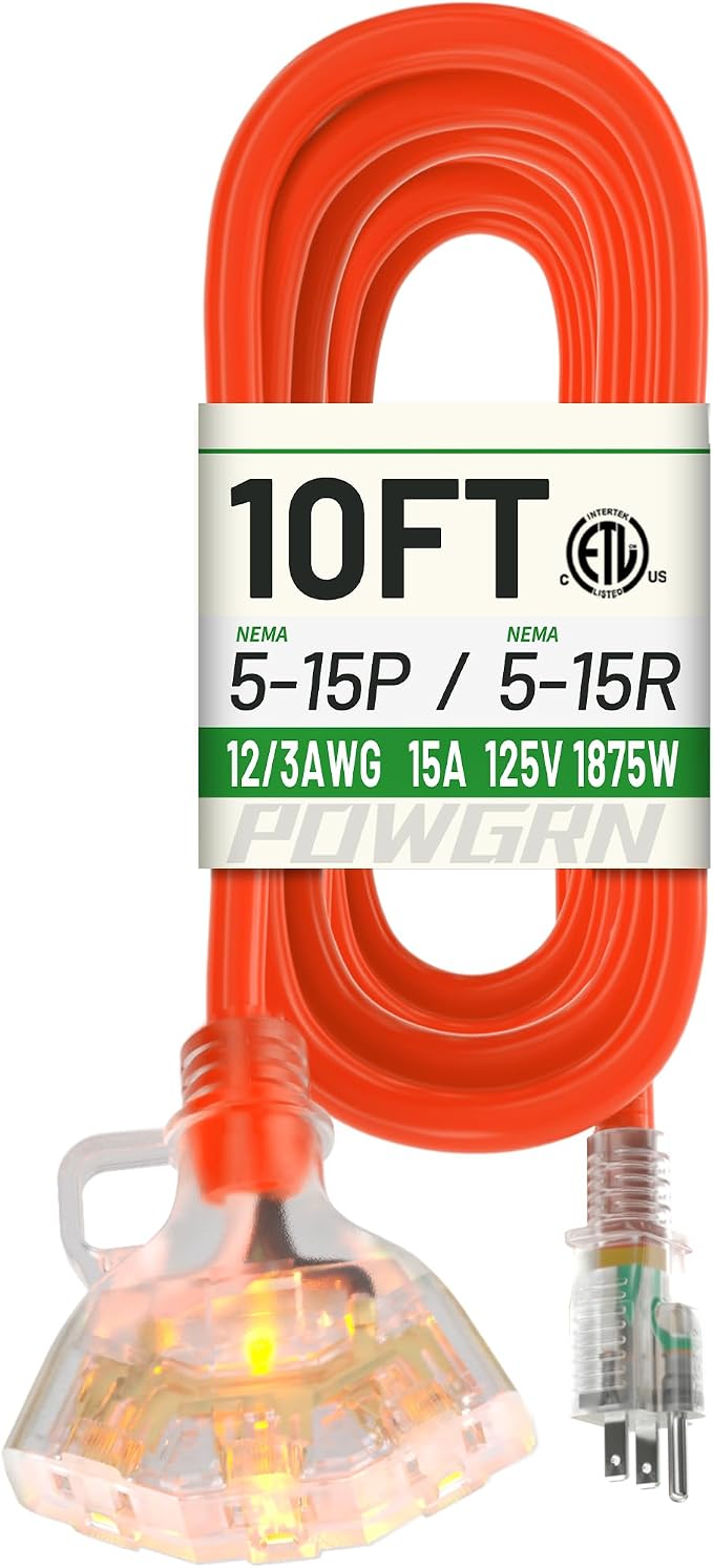 POWGRN 10 FT 12/3 Gauge Extension Cord by POWGRN
