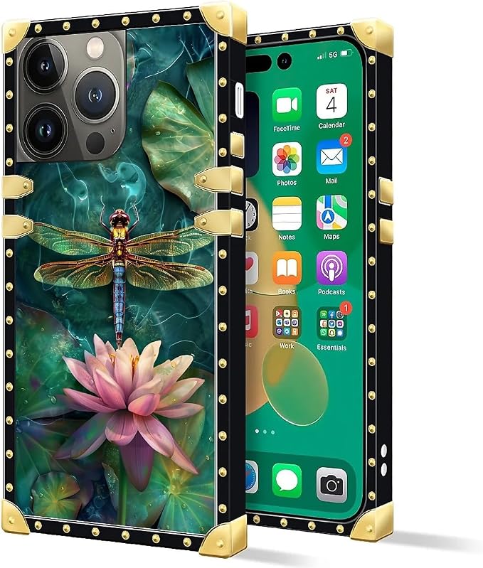 Compatible with iPhone 14 Pro Case, Colourful Dragonfly Pink Lily Pads Luxury - Image 2