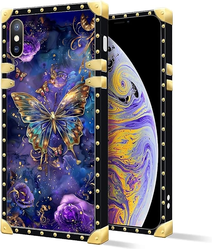 Compatible with iPhone XR Case, Glistening Golden Butterfly Vibrant Purple Blue - Image 2
