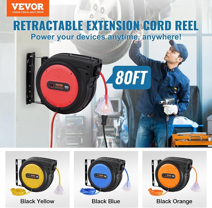 VEVOR 80FT Retractable Extension Cord Reel, 12AWG/3C SJTOW Heavy Duty Power - Image 2