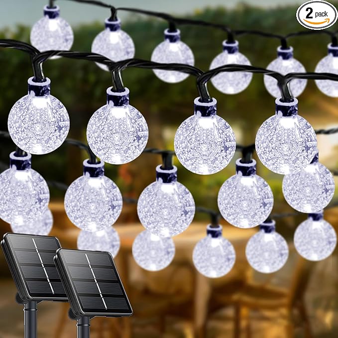 2-Pack 72FT 120 LED White Crystal Globe Solar String Lights Outdoor, Waterproof by LORRYTE