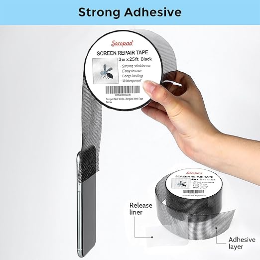 Secopad Black Window Screen Repair Tape, 3IN X 25FT Screen Repair Kit - Image 2