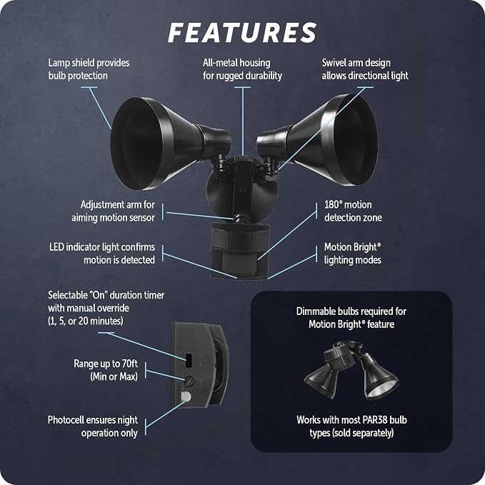 Globe Electric 17000140 180-Degree 240 W Twin Head Black Hardwired Motion - Image 9