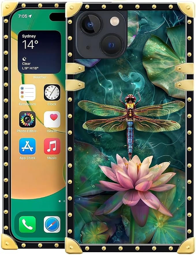 Compatible with iPhone 14 Case, Colourful Dragonfly Pink Lily Pads Luxury by Unknown