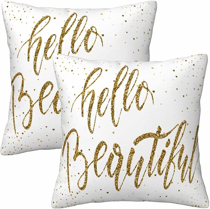 Hello Beautiful Bling Pillow Covers 18 X 18 Gold Glitter Motivational Quote Set by Unknown