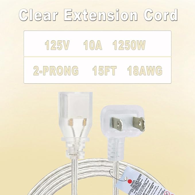 Clear Extension Cord 15 FT, Indoo/Outdoor 2 Prong Extension Cord - Image 3