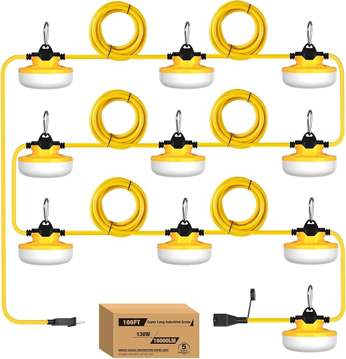 YXL 130W 16000LM Construction String Lights Temp Lighting 100FT Industrial LED by LightingYourBusinessFuture