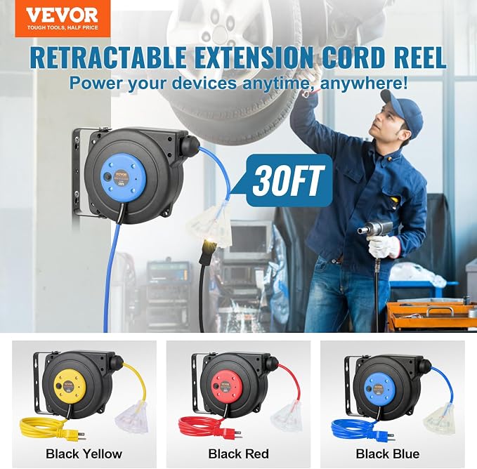 VEVOR Retractable Extension Cord Reel, 30 FT, Heavy Duty 16AWG/3C SJTOW - Image 2